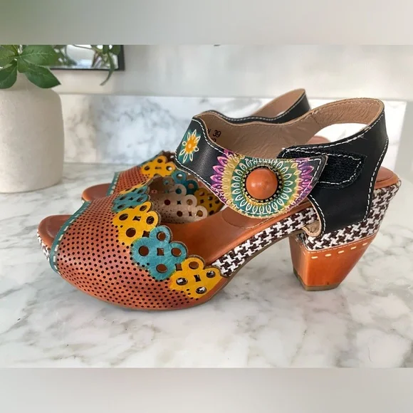 L’Artiste Spring Boho Step Leather Floral Heeled Sandals Artsy Jive Hippie 39 - Picture 1 of 9